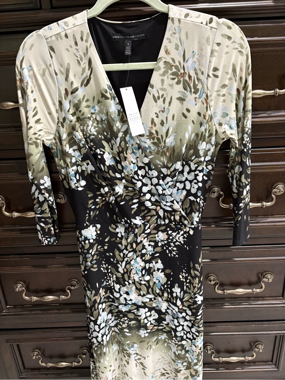 White House Black Market Cream, Blue & Black Floral Wrap Dress Fully Lined-Sz 2